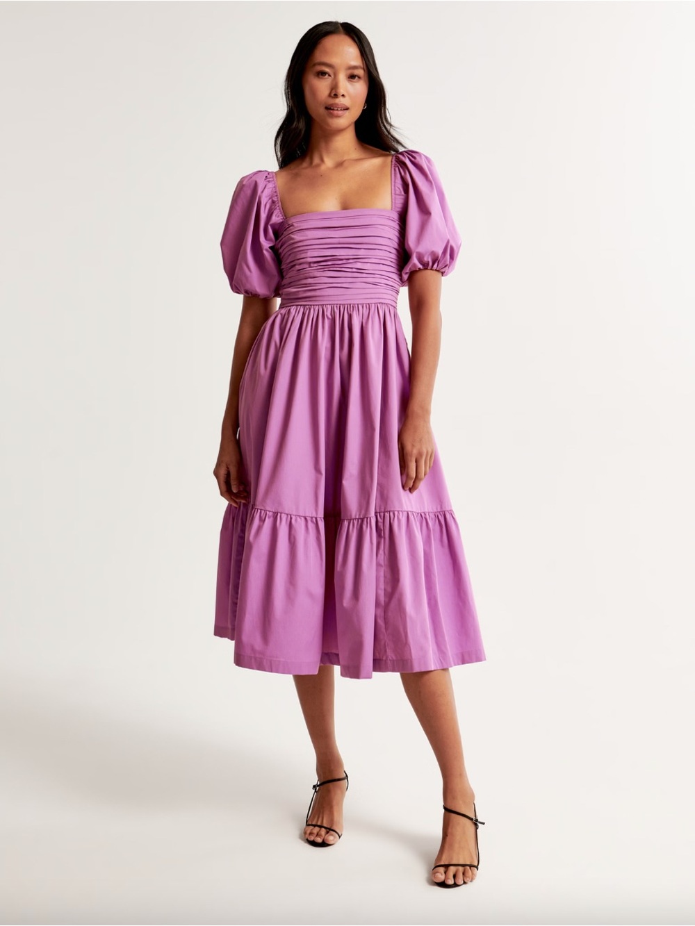 ABERCROMBIE | Petite Emerson Poplin Puff Sleeve Midi Dress | Purple